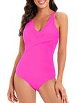 One Piece Bathing Suit for Women Tummy Control Criss Cross Back Swimwear V Neck Swimsuit Rose Pink 2-4