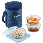 Borosil Indigo Lunchbox with Bag | 3 pc Borosilicate Glass Round Container Set (400 ml Each) | Microwave & Dishwasher Safe, Leak Proof | Tiffin for Office, School, College | Blue