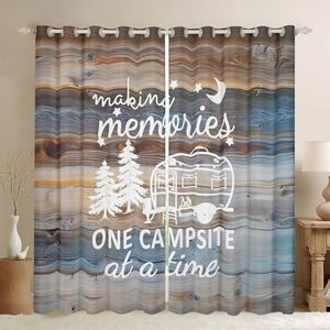 Camper Curtains & Drapes,Camping Themed Blackout Curtains for Travel Trailers,RV Camping Car Window Curtains,Retro Wood Board Rustic Country Style Window Treatments Blue Brown 2 Panels 52"Wx84"L