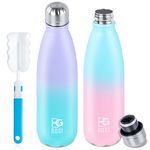 BOGI Insulated Water Bottle, 17oz 2 Pack Stainless Steel Water Bottles, Leak Proof Sports Metal Water Bottles Keep Drink Cold for 24 Hours and Hot for 12 Hours BPA Free Kids Water Bottle for School