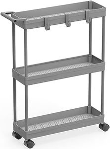 SimpleHouseware 3-Tier Slim Rolling Cart with Handle and Hooks for Kitchen and Bathroom Trolley, Grey