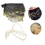 XHBTS Multi-Row Gold Coins Belly Dance Wrap & Hip Scarf, Gold Sequins Head Chain Jewelry Festival Halloween Prom Costume Hair Accessories Headbands Headpieces for Women and Girls, Black