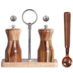 Salt and Pepper Grinder Set with Holder Scoop, Acacia Wood Manual Mill Grinders Wood Salt Mill Pepper Shaker for Kitchen Spice Mills with Adjustable Coarseness - Easy to Use and Fill