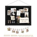 AMUSIGHT Double-Sided Black Cork Board with Linen, 16" x 12" Hanging Wood Framed Small Bulletin Board, Picture Display Vision Board Kit Corkboards for Wall Room School Office Decor, 20 Pushpins