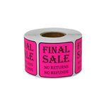 Final Sale Stickers - No Returns No Refunds - 1.5 x 1.5 Inch Square in Neon Pink for Retail Grocery Clearance Final Sales Garage Yard Sale Rummage Sale Thrift Stores Labels - 300 Labels per Roll