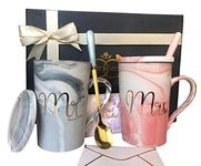 Theky Mr And Mrs Mugs Set Engagement Gifts For Couples | Wedding Bridal Shower Gifts For Bride - Unique Anniversary Married Couples Ceramic Marble Coffee Cups 14oz