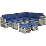 Outsunny 6 Piece Rattan Garden Furniture Set, 8-Seater Outdoor Sofa Sectional with 3 Loveseat Wicker Sofa with Cushions, 2 Footstools and Glass Table for Yard, Poolside, Navy Blue