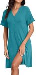 QIXING Womens Button Down Nightdress Short Sleeve V Neck Nighties for Women UK Viscose from Bamboo Labour Gown Button Nightie for Mother Wife Girlfriend, 03 Blue Green, M