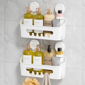 LEVERLOC Shower Caddy Suction Cup 2 Pack, Shower Organizer Removable Bathroom Shelf, Storage Suction Powerful Max Hold 22lbs Bathroom Caddy Waterproof Holder, White