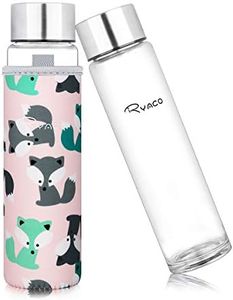 Ryaco Bottiglia d'Acqua, 420ml Bottiglia Vetro Trasparente Portatile con Guaina Protettiva in Neoprene per Il Campeggio Viaggi tè Ufficio (420ml, Volpe Rosa)