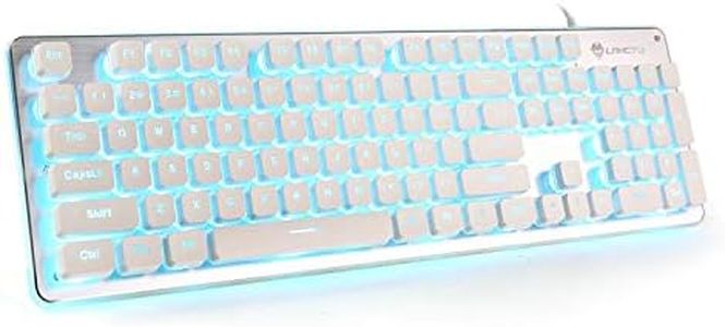 LANGTU LED Computer Keyboard, USB Wired Keyboard for Gaming and Office, All-Metal Panel 104 Keys Quiet Membrane Keyboard with Blue Backlit - L2 White/Silver