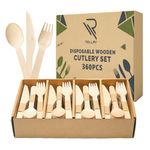 Rollay 360 PCS Disposable Wooden Cutlery Set - Biodegradable Disposable Cutlery Set with 120 Spoons 120 Forks, and 120 Knives, Compostable Cutlery Wooden Utensils for Any Occasion