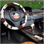 SuperKaKa 3PCS Furry Cow Print Steering Wheel Cover,Auto Plush Cute Cows Shift Gear & Hand Brake Covers Soft Warm Universal Car Interior Accessories for Women Men(Brown)