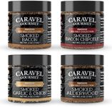 Smoked Sea Salt Mega Sampler, Smoked Bacon Chipotle, Smoked Alderwood, Smoked Garlic & Onion Sea Salt, 4 oz Jar 4-Pack, Caravel Gourmet