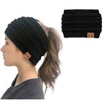 WharFlag Womens Beanie Hats - Women Winter Warm Headband Hat Stretchy Knitted Headwear Soft Horsetail Messy Bun Hats (A Black)