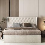 Aykah Velvet Upholstered Tufted Storage Bed, Foam Filled Luxury Fabric, Low Profile Platform, Metal Bed Frame with High Headboard, Wood Slat Support, Modern Design (Ivory, Queen (U.S. Standard))