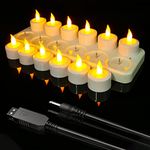 Rechargeable Tea Lights with Charging Base, Ymenow 12pcs USB Flickering Electric Candles LED Flameless Battery Tealights for Party Home Christmas Decoration – Warm Yellow