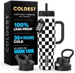 Coldest Tumbler with Handle and Straw, 100% Leak Proof Insulated Tumbler with Lid and Straw (3 Lids), Stainless Steel Tumblers for Women & Men, Cup Holder Friendly, 46 oz (Black Checkers)