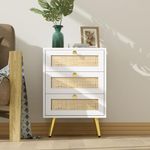 Anmytek Nightstand with 3 Drawers, Wood Farmhouse Night Stand Bedside Table with 3 Rattan Drawers for Bedroom, Modern Sofa Side Table End Table for Dorm Small Spaces, White