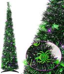 5FT Black Halloween Tree Pop-up Christmas Tree with Spider Decoration,Pre-lit Mini Christmas Tree with 60 Lights Black Artificial Pencil Tree with Green Spider Collapsible Tinsel Tree