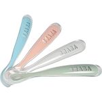 Beaba 1st Stage Silicone Spoon - Set of 4, Baby Self Feeding Training Spoon with Ultra Soft Tip, Gum Friendly, Ergonomic Handles, BPA Free, Windy Blue, Eucalyptus Green, Light Mist & Old Pink 4m+