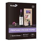 Koala Semi Gloss Sticker Paper for Inkjet and Laser Printers, 100 Sheets Printable Sticker Paper, 8.5 x 11 Inch Self-Adhesive Photo Sticker Paper, Works Well with