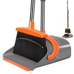 Ivandar Stainless Steel, Polypropylene Long Handle Hard Floor Broom with Upright Standing Dustpan, Broom and Dustpan Combo for Home and Office, Gray and Orange