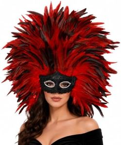 Oversized Red and Black Feather Headpiece with Masquerade Mask for Adults