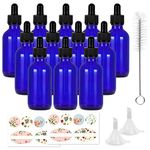 12 Pack 60 ml 2 oz Blue Glass Boston Bottles with Glass Droppers and Black Caps.Glass Dropper Bottles for Essential Oils,Lab Chemicals,Colognes,Perfumes.Included 1 Brush,2 Funnels and 24 Labels.