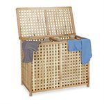 Relaxdays Hamper Basket 2 Part Bin 46.1 x 87.9 x 68.1 cm Sorter Double Laundry Box with 2 Linen Sacks Bags, Natural, Walnut, Light Wood Tone