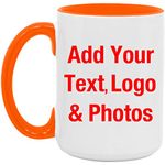 Personalized Accent Mug, Add Photo Text Logo Picture Image, 15oz Orange Coffee Mug Custom-ized Ceramic Tea-Cup, Gifts for Birthday Anniversary Parents Fathers Mothers Day Party, to Men Women Mom Dad