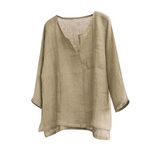 Men's Casual Linen Cotton Tops Baggy Solid Color Long Sleeve Tee Summer Loose V-Neck Shirt, Khaki, 5X-Large