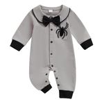 Baby Boy Clothes Halloween Romper Spider Embroidered Bow Tie Long Sleeve Lapel Neck Button-up Fall Jumpsuits Infant Clothing (Gray, 12-18 Months)