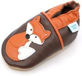 Dotty Fish Soft Leather Baby Shoes. Toddler Shoes. Boys and Girls. Non Slip. Brown Shoe with Fox. 12-18 Months (5 UK Child)