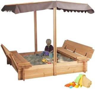 AIUEKES Kids Wooden Sandbox with Adjustable Canopy, Sand Box with Foldable Bench Seats for Aged 3-8 Years Old, Outdoor Sand Pit for Backyard Garden.