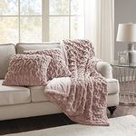 Comfort Spaces Luxurious & Fuzzy Soft Ruched Faux Fur Plush Throw Blanket Set with 2 Matching Square Pillow Covers, for Sofa,Chair, Couch, Living Room, Home Office, Blush 50"x 60"