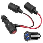 Hoembpn 1 to 2 Car Cigarette Lighter Splitter Adapter Power Charger Socket Extension Cable 15AWG with LED Switch and 15A Fuse,12V/24V Mini Dual USB Car Charger Cigarette Lighter Socket