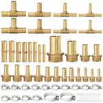 Josaton 49Pcs Brass Hose Barb Fittings 1/8" 3/16" 1/4" 5/16" 3/8" 1/2" 3/4'' 1'' Barb x Male NPT Hose Barb Connector Barb Straight Splicer Tee 3 Way Barb Fittings with Hose Clamp for Water Fuel