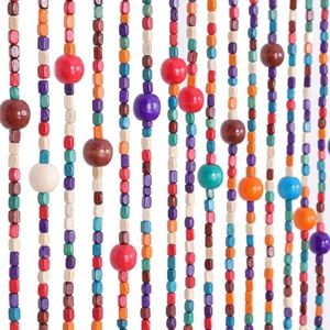 Osunnus Colorful Boho Bamboo Beaded Curtain 35.5 x 75 Inches 38 Strands Handmade Hanging Wooden Door Beads Hippie Curtains Room Divider for Doorway Window Home Decor, Rainbow