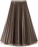 Jemsia Women's Reversible Tulle Skirt Midi A-line Elastic High Waisted Elegant Pleated Skirt with Ornament for Ladies Brown