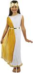 KIDS GODDESS ROMAN GREEK GIRL FANCY DRESS COSTUME. SIMPLE WHITE TUNIC WITH GOLD SASH, GREEK/ROMAN TRIM, GOLD WAISTBAND, & GOLD HEADPIECE. SIZE: X-LARGE | 12-14 YEARS