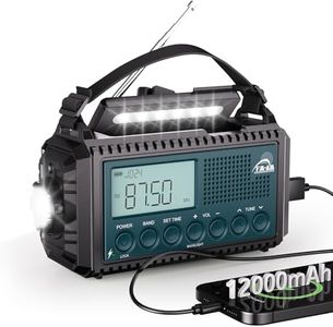 Radio à Manivelle AM/FM/SW avec Batterie Rechargeable 12000mAh, Portable avec Lampe de Poche & Lumière de Lecture, Urgence Type C, SOS Alarme Dynamo pour la Randonnée, Camping