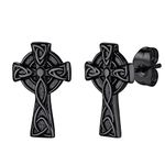 FaithHeart Gothic Black Earrings for Man Stainless Steel Celtic Cross Ear Studs Good Lucky Charm Cool Earring for Boyfriends