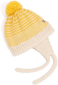 Warm Earflap Knit Beanie Hat with Ties for Little Girls, Kids 4-6 Years Old, Striped Yellow/Off-White
