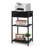 Printer Table with Storage Drawer 3 Tier Small Side Table with Storage Shelf Multi-Functional Printer Stand with Wood Board and Metal Frame for Home Office Fax Machine Scanner, Black