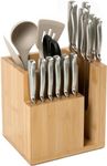 KitchenEdge Bamboo Magnetic Knife Block and Cooking Utensil Holder, Sleek Storage for Chefs Knives, Steak Knives, Spatulas, Scissors, Non-Slip Rubber Feet, Easy to Clean, Kitchen Countertop Organizer