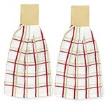 Kovot Set of 2 Cotton Hanging Tie Towels | Include (2) Hanging Towels That Latch with Hook & Loop (Plaid Tan & Red)