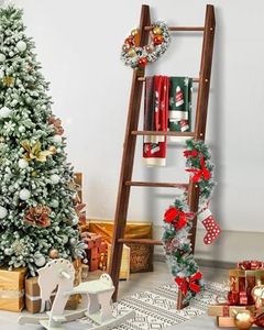 XLHOMO Blanket Ladder for Living Room, 5-Tier Wooden Ladder Shelf, Rustic Decorative Blanket Rack for Blankets, Quilts, Farmhouse Decor Ladder Shelf for Bedroom Bathroom Home Christmas Decor, Brown