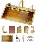 Golden Waterfall Sink with Three in One Pull-Out Faucet Stainless Steel Waterfall Sink with Accessories Multi Functional Single Bowl Workstation Sink Complete Accessory Set (Color : Gold, Size : 80x