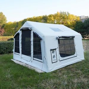 8㎡ Luxury Inflatable Camping Tent for 3–8 People, White Thickened Oxford Fabric with Black Coating, UV-Resistant 4-Season Family Inflatable House with Chimney Port and Transparent Skylight